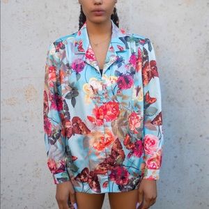 90’s Butterfly Rose Print Satin Blouse